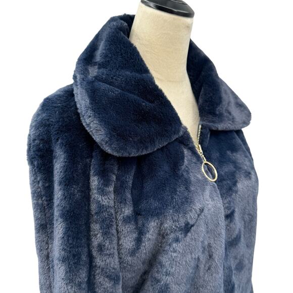 Molly Bracken Dark Navy Soft Faux Fur Wide Collar Zipper Bomber Jacket w Pockets - Picture 7 of 13